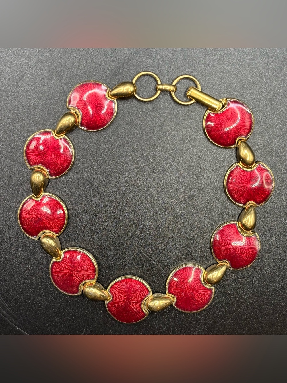 Vintage Red Guilloche Enamel Bracelet Gold Tone Sunburst Disc Link Mid Century
